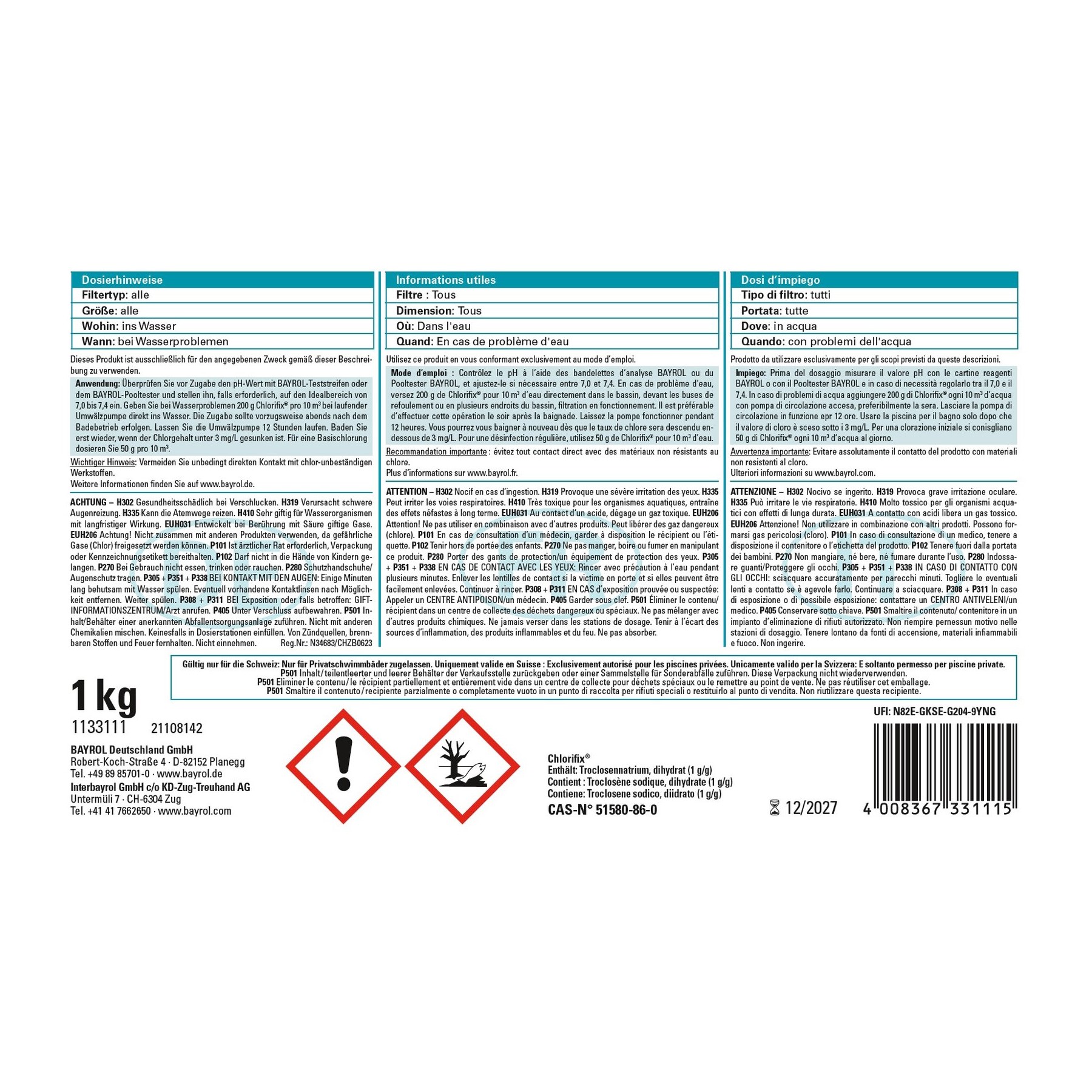 Bayrol Chlorifix 1 kg Chlorgranulat schnellösliches Chlorgranulat zur Stossbehandlung UN 3077 – Bild 4