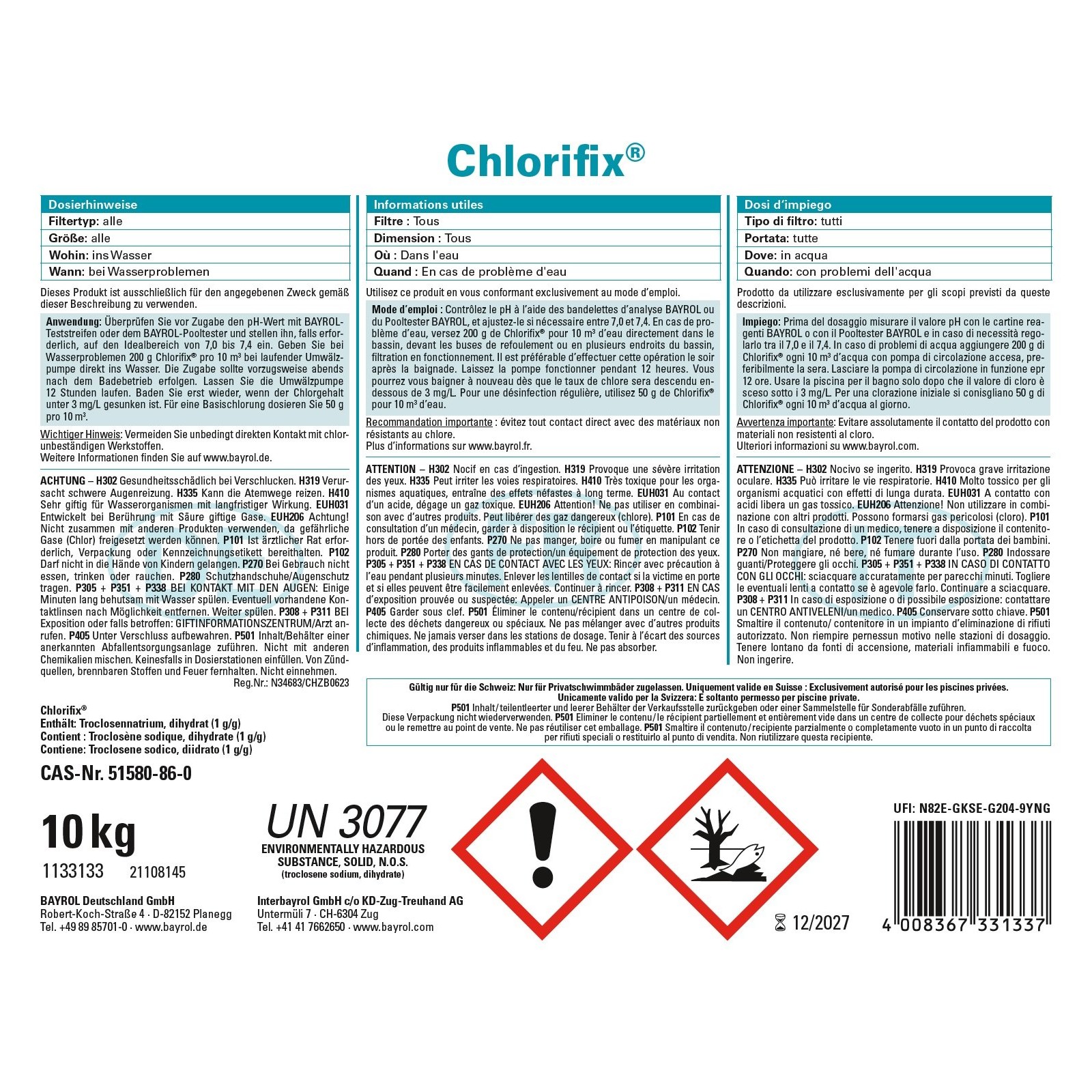 Bayrol Chlorifix 10 kg Chlorgranulat schnellösliches Chlorgranulat zur Stossbehandlung UN 3077 – Bild 5