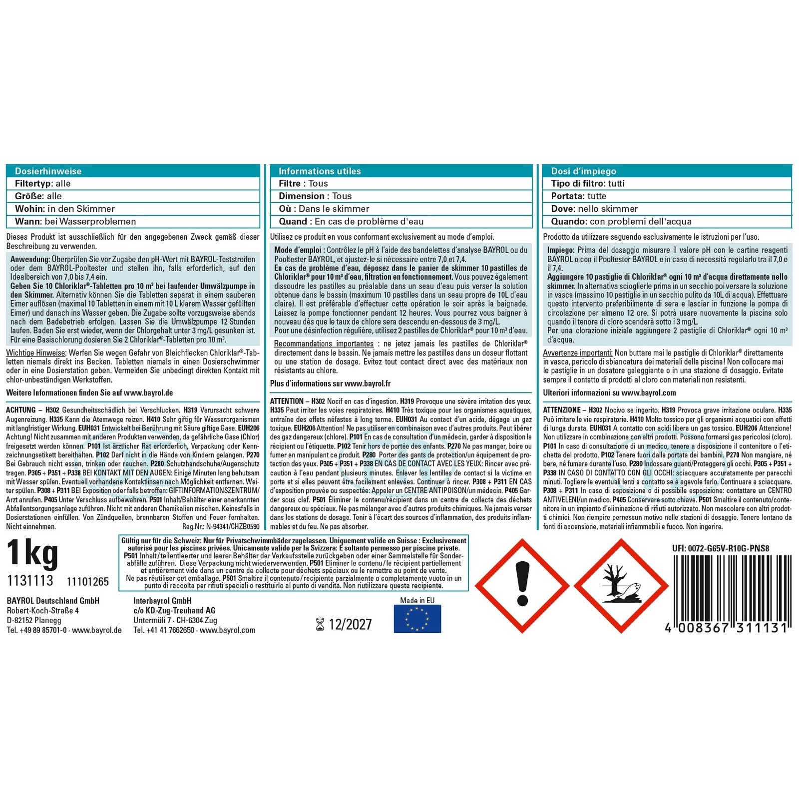Bayrol Chloriklar 1 kg Chlortabletten schnellösliches Chlor-Sprudeltabletten 20 g UN 3077 – Bild 5