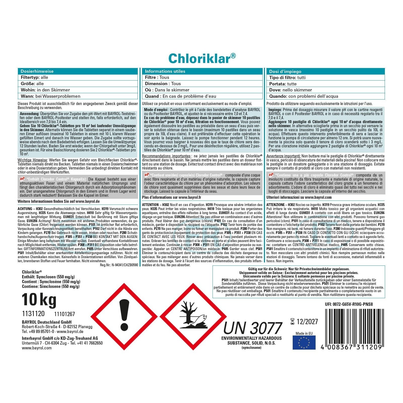 Bayrol Chloriklar 10 kg Chlortabletten schnellöslichesChlor-Sprudeltabletten 20 g UN 3077 – Bild 4