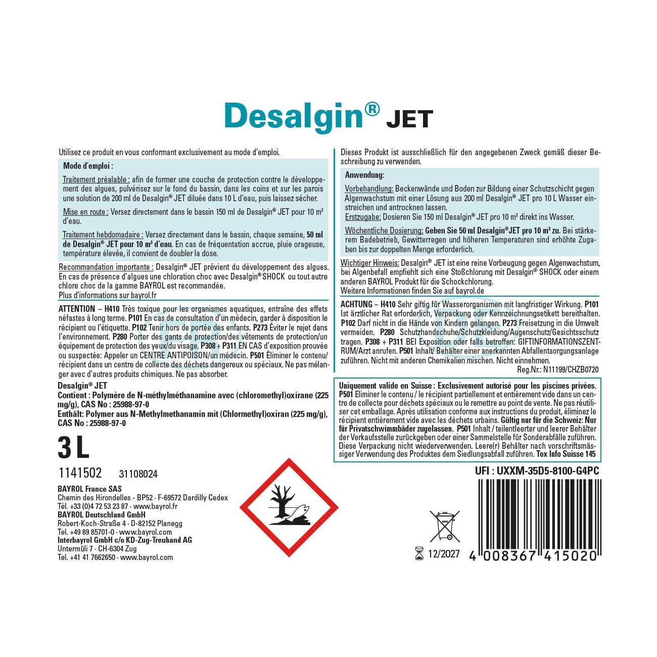 Bayrol Desalgin JET 3 l flüssiges Antialgen-Konzentrat, schaumfrei UN 3082 – Bild 3