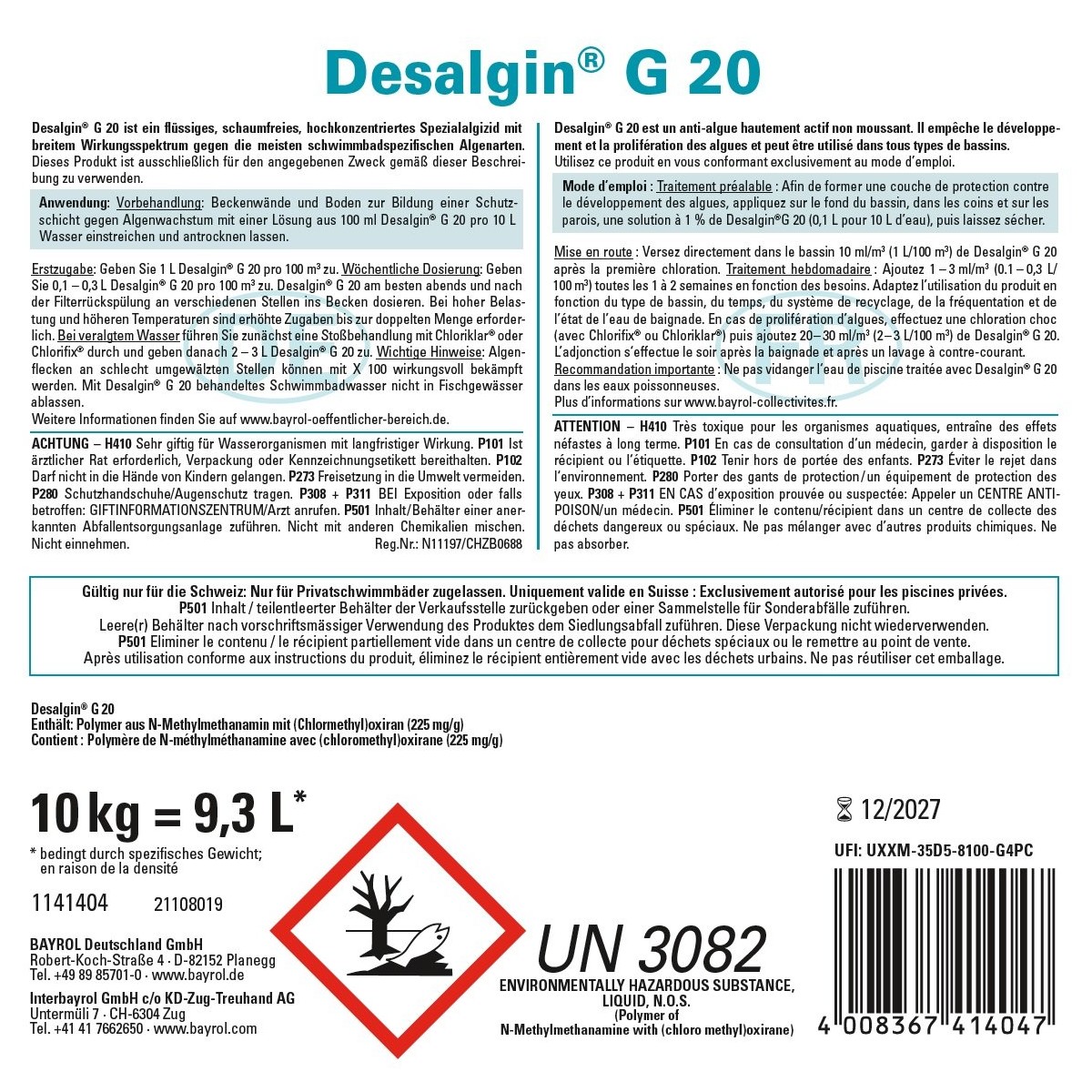 Bayrol Desalgin G20 10 kg schaumfrei flüssiges hochwirksames Antialgen-Konzentrat UN 3082 – Bild 2