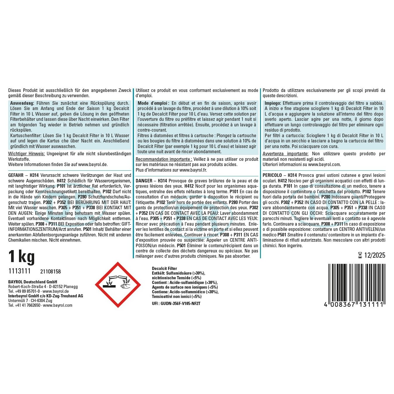 Bayrol Decalcit Filter 1 kg saures Granulat zur Schnellentkalkung UN 2967 – Bild 3