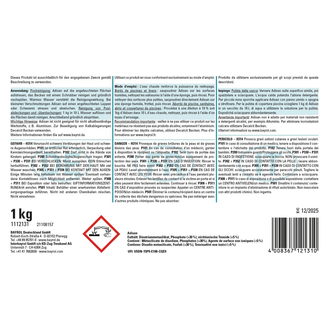 Bayrol Adisan Beckenrein 1 kg alkalisches Granulat zur Reinigung von Pools UN 3262 – Bild 3