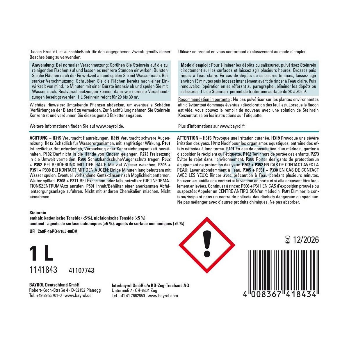 Bayrol Steinrein-Spray 1 l gebrauchsfertiges Spray zur Reinigung UN 1814 – Bild 2