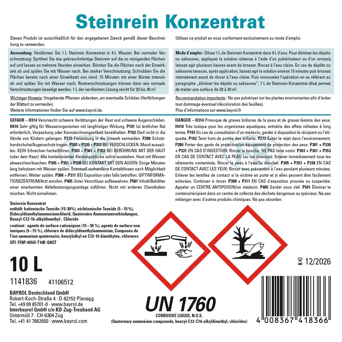 Bayrol Steinrein-Konzentrat 10 l flüssiges Konz. zur Reinigung von Steinoberflächen UN 1760 – Bild 2