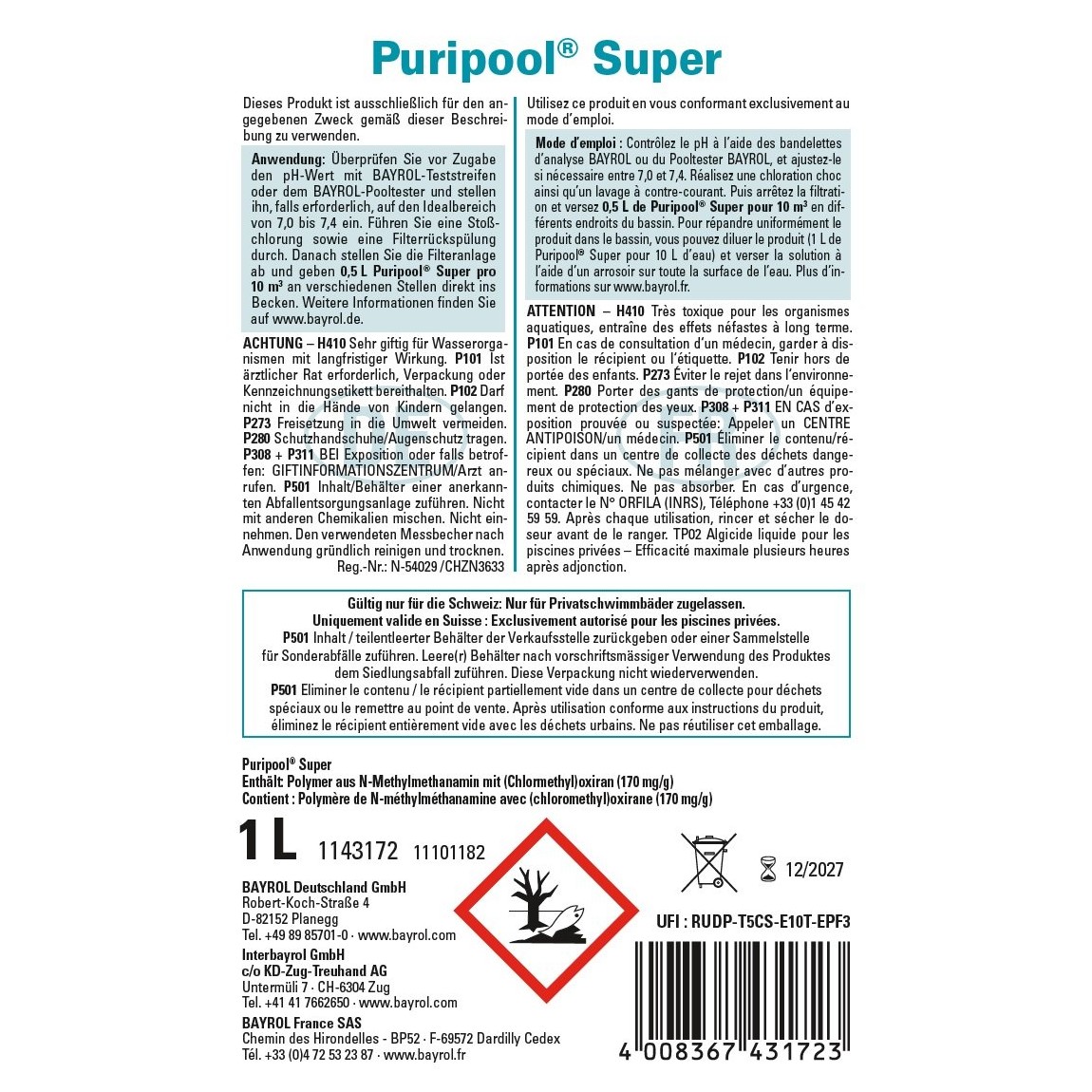 Bayrol Puripool Super 1 l flüssiges Konzentrat, für die Überwinterung Pools UN 3082 – Bild 3