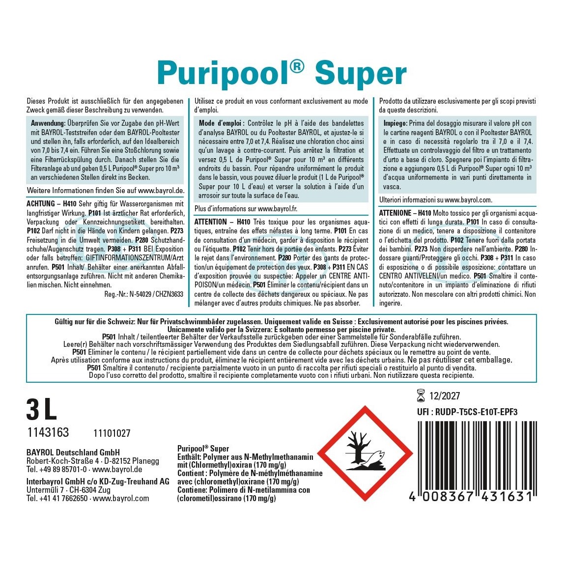 Bayrol Puripool Super 3 l flüssiges Konzentrat, für die Überwinterung Pools UN 3082 – Bild 3
