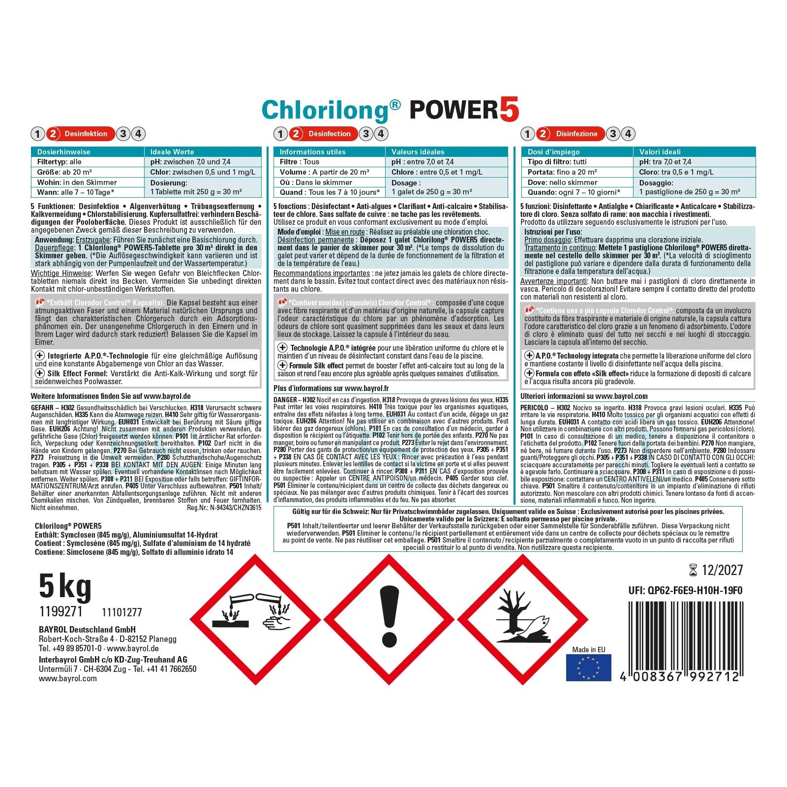 Bayrol Chlorilong POWER5 5 kg 5 Funktionen-Chlortabletten 250 g UN 3077
