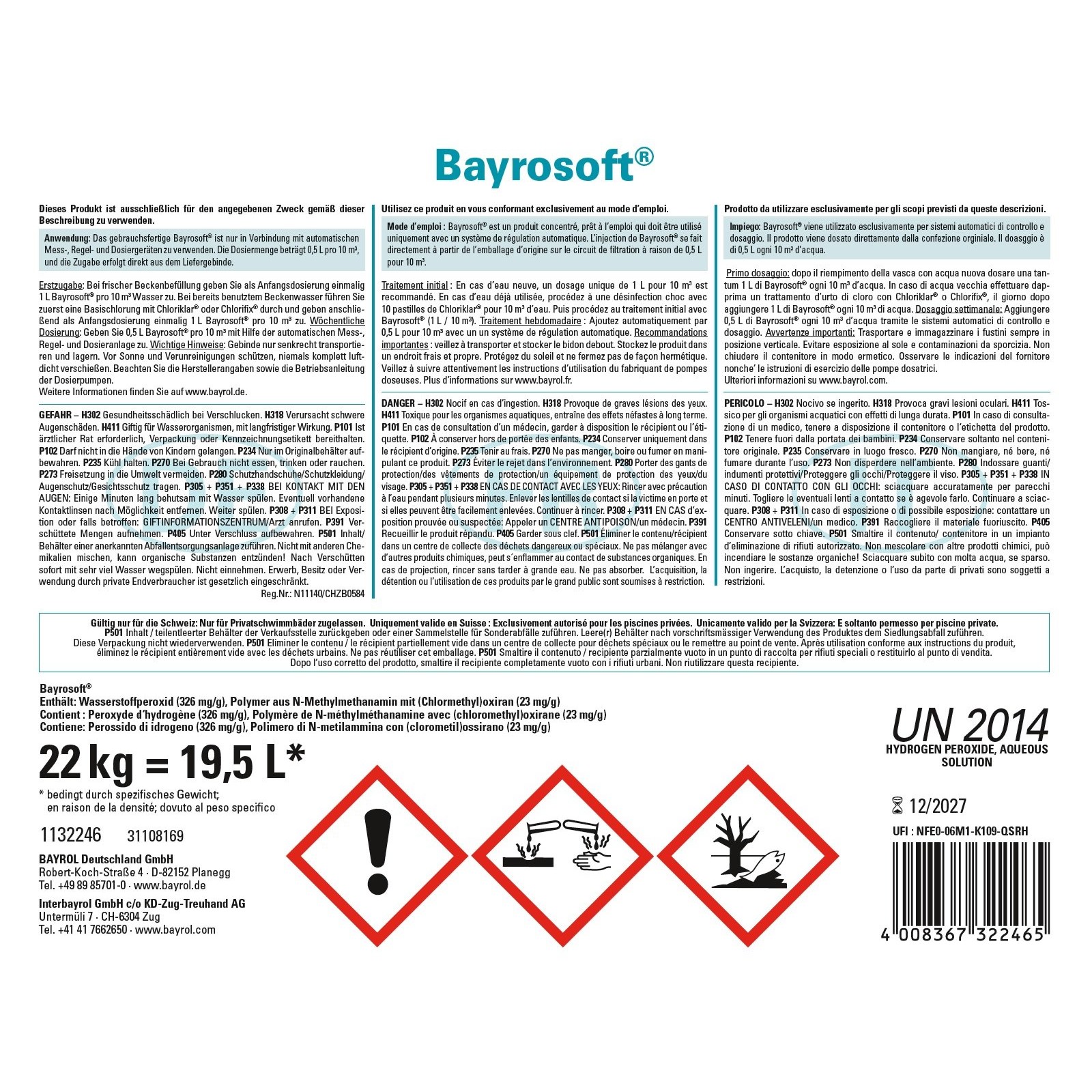 Bayrol Bayrosoft 19.5 l / 22 kg Flüssigsauerstoff UN 2014