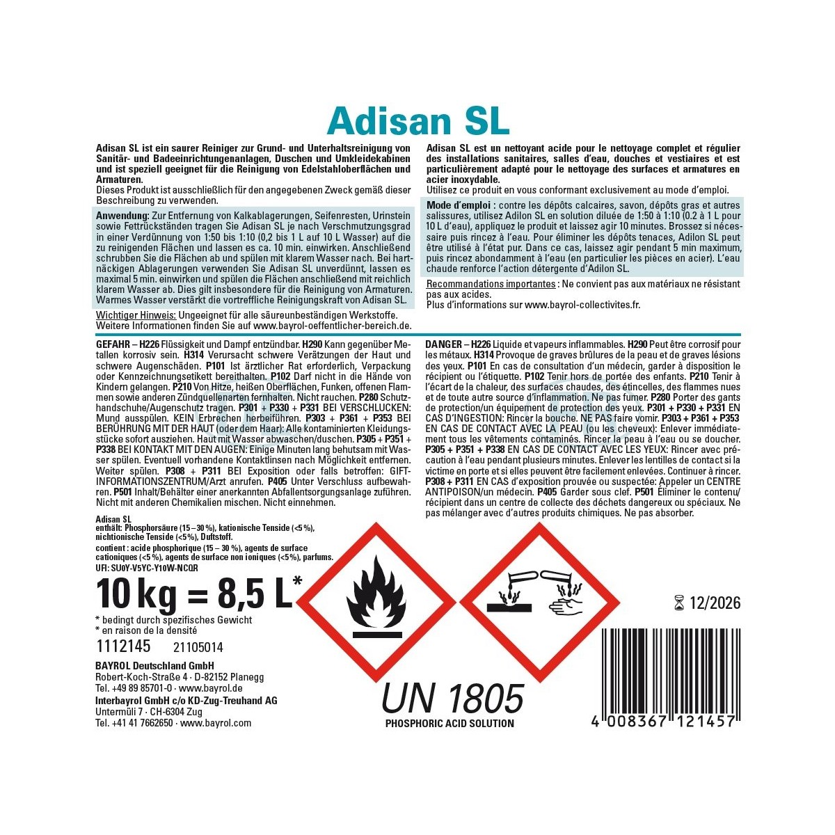 Bayrol Adisan SL 8.5 l / 10 kg flüssiger hochkonzentrierter saurer Reiniger UN 3262
