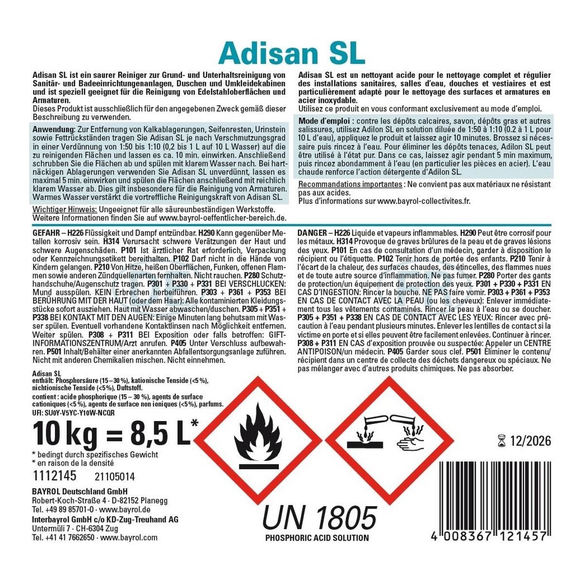 Bayrol Adisan SL 8.5 l / 10 kg flüssiger hochkonzentrierter saurer Reiniger UN 3262