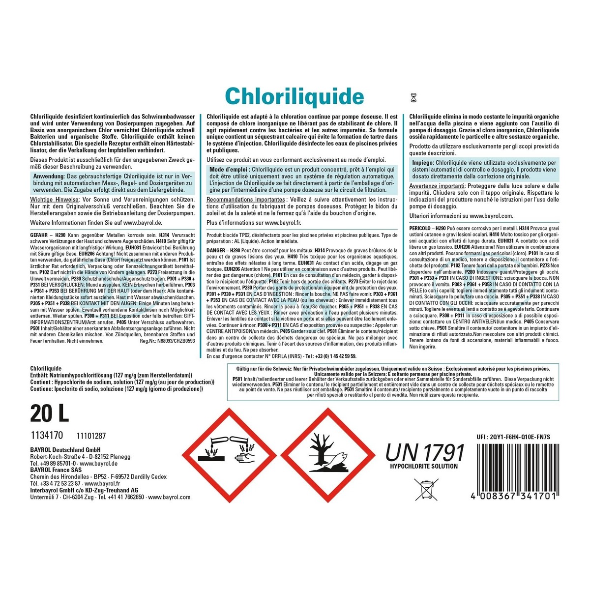 Bayrol Chloriliquide 20 l / 25 kg Flüssigchlor UN 1791