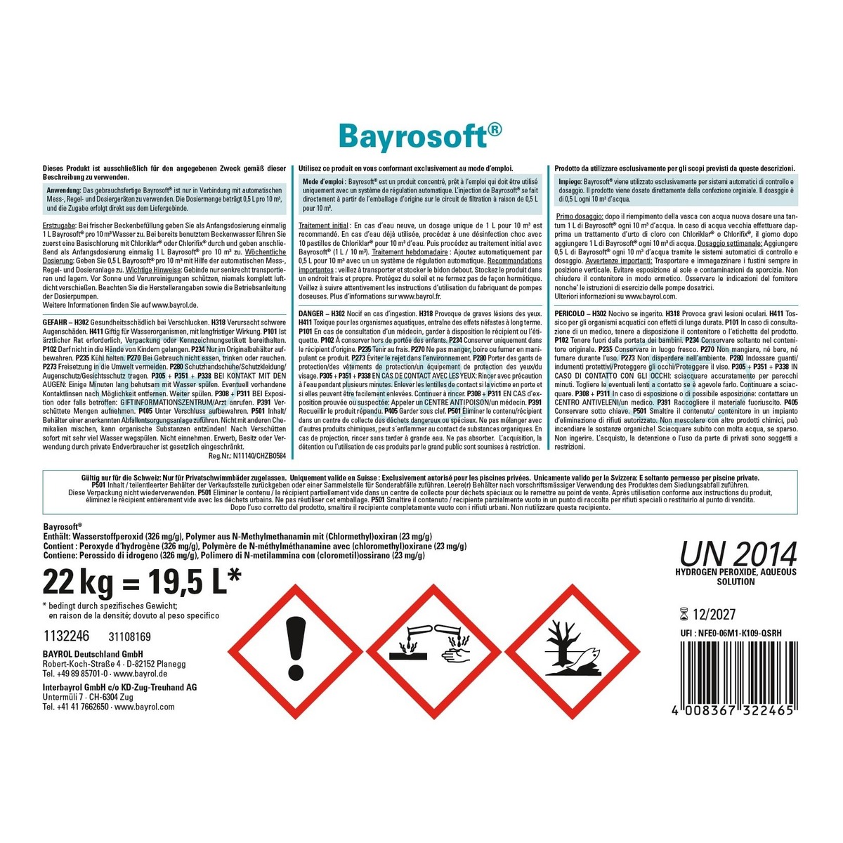 Bayrol Bayrosoft 19.5 l / 22 kg Flüssigsauerstoff UN 2014